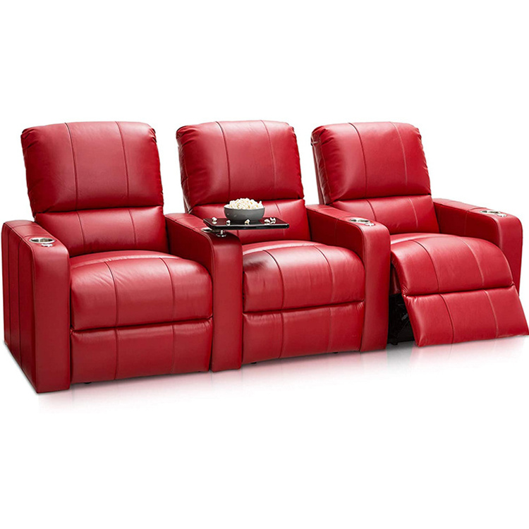 High Quality Canape De Luxe VIP Room Luxury 3 Seater Red Top Grain Leather Recliner Cinema Sofa With Cup Holder and Coffee Table