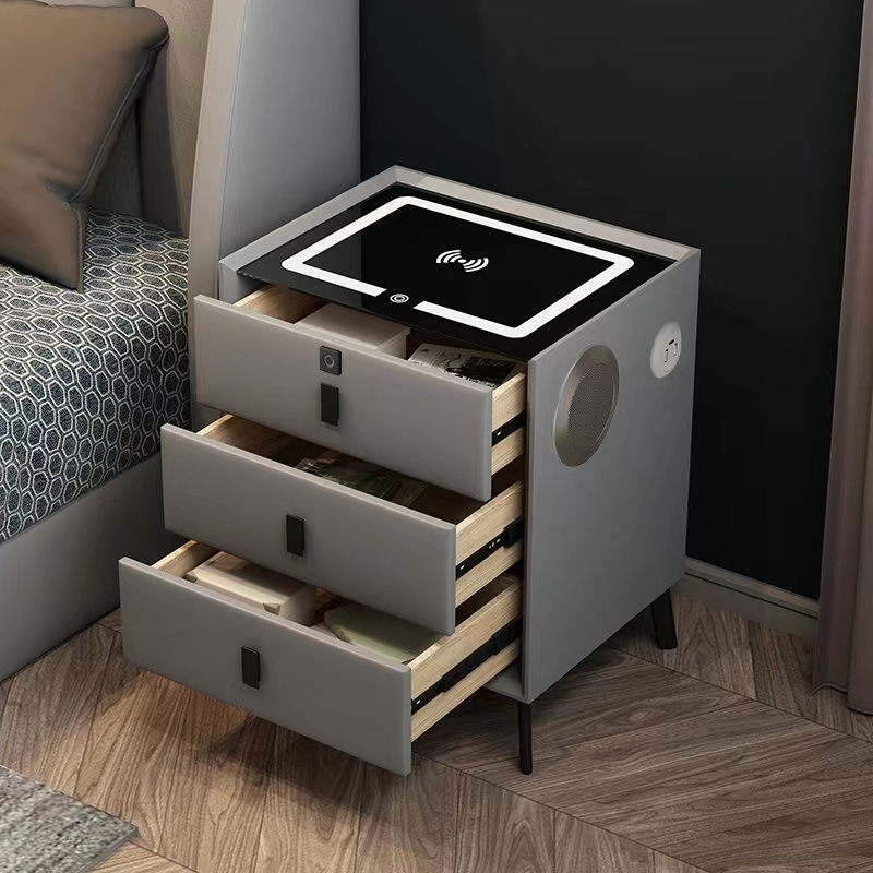 Hot Sale Bedroom PU Wooden Frame 3 drawers Smart Bedside Table Nightstand with LED Light Wireless Charge and Speakers