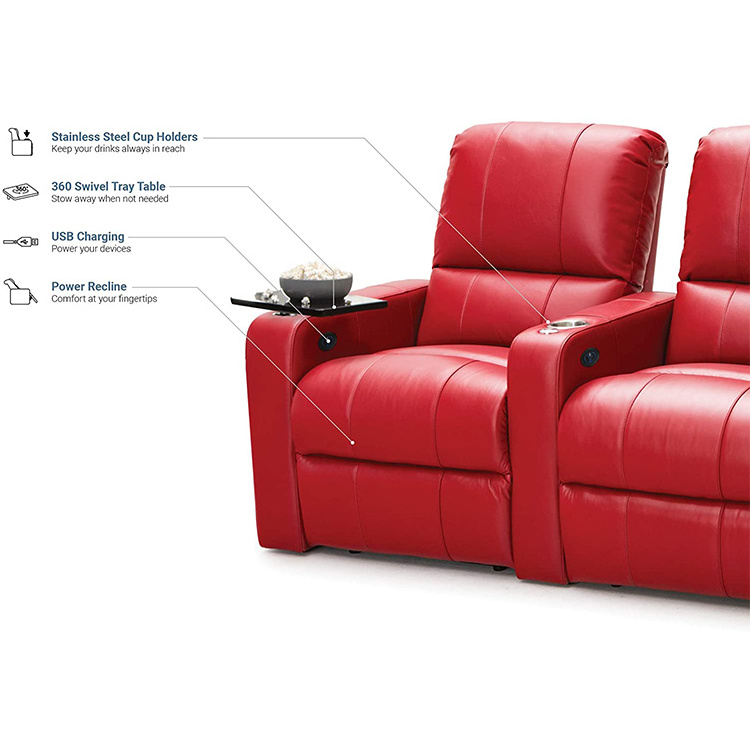 High Quality Canape De Luxe VIP Room Luxury 3 Seater Red Top Grain Leather Recliner Cinema Sofa With Cup Holder and Coffee Table