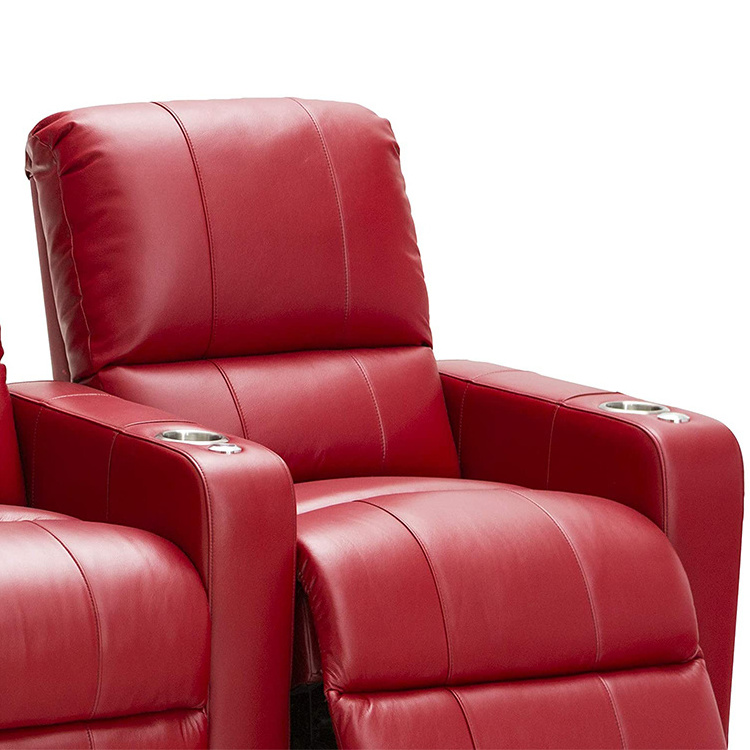 High Quality Canape De Luxe VIP Room Luxury 3 Seater Red Top Grain Leather Recliner Cinema Sofa With Cup Holder and Coffee Table