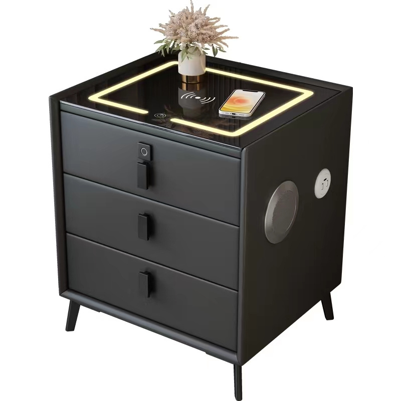 Hot Sale Bedroom PU Wooden Frame 3 drawers Smart Bedside Table Nightstand with LED Light Wireless Charge and Speakers