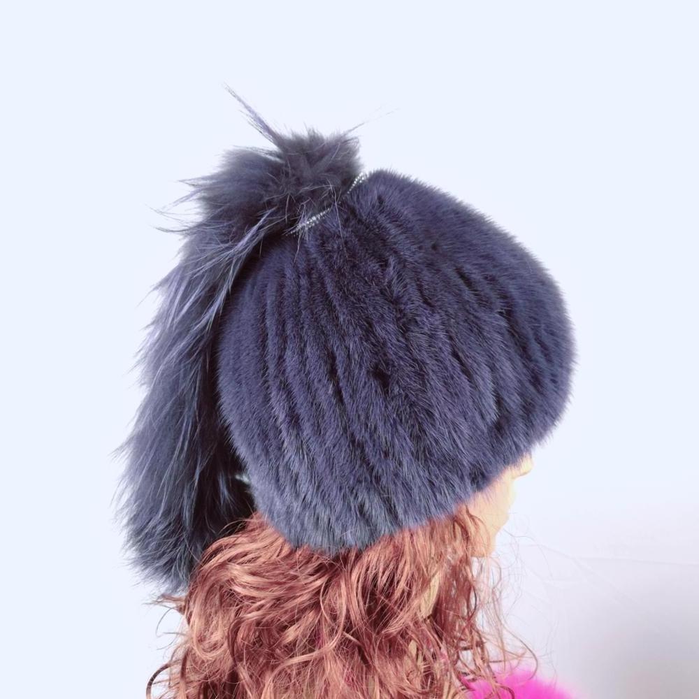 Colorful women's mink fur with fur ball beanie hat