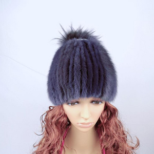 Colorful women's mink fur with fur ball beanie hat