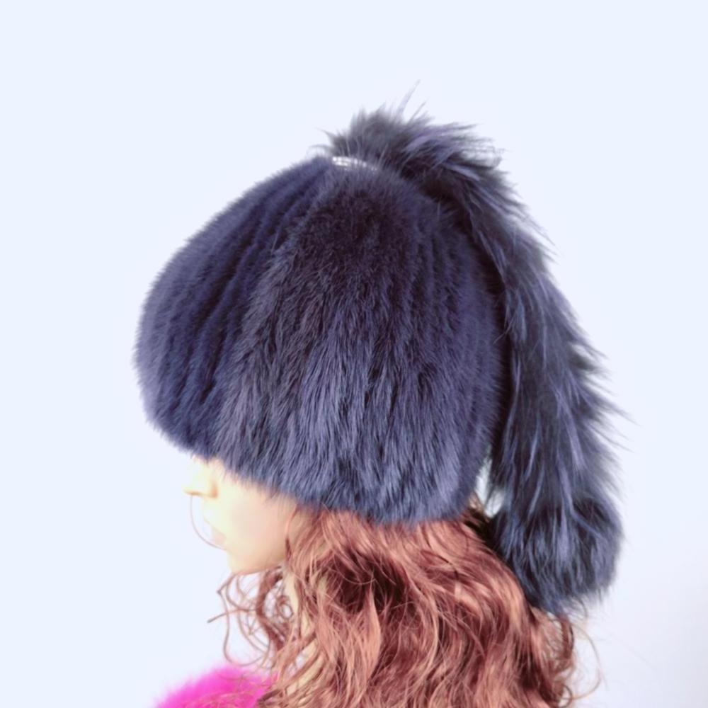 Colorful women's mink fur with fur ball beanie hat