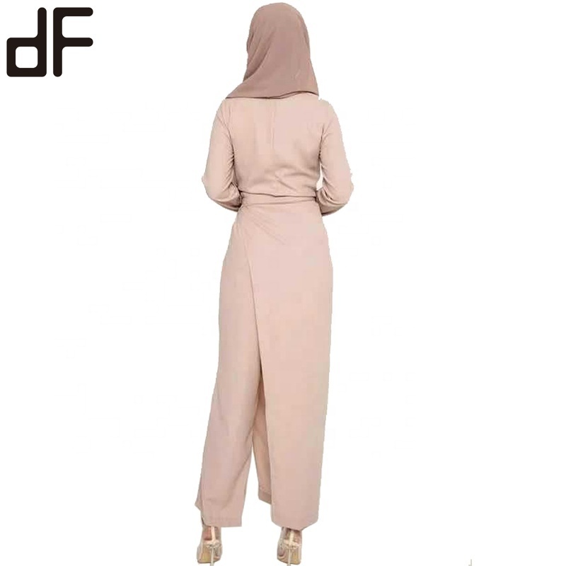 OEM Islamic Soft Wrap Front Long Sleeve Designs With Belt 2 Pieces Simple Casual Muslim Abaya Ladies Dresses Pants Jumpsuits