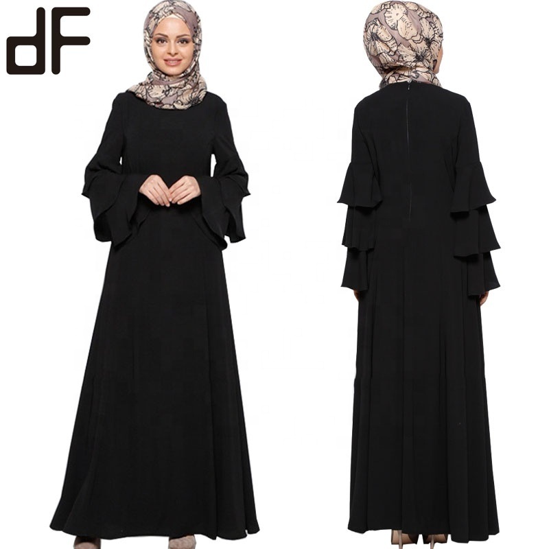 new arrival turkish clothes woman dubai abaya wholesale 3 layers flared sleeves muslim party evening dress black abaya designs