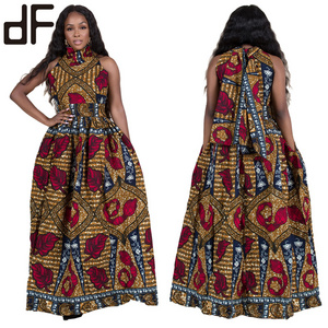 wholesale latest one piece summer umbrella lady dress african clothing women dress kitenge pattern gowns sexy halter neck dress