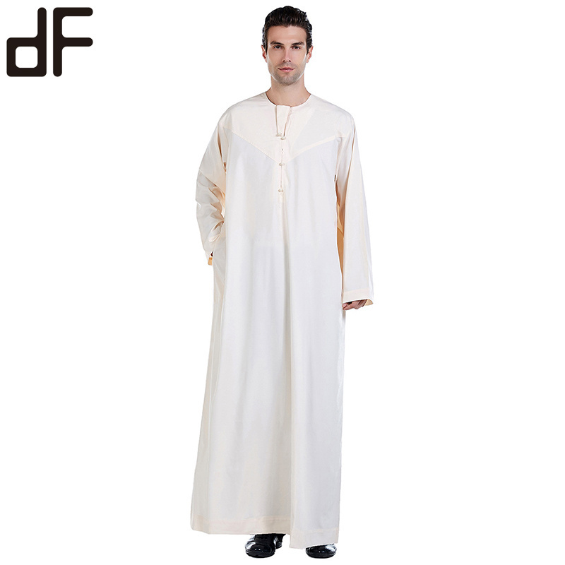 new arrival hot selling islamic man thobes white cotton blend muslim men thobe front button neck long al daffah thobe