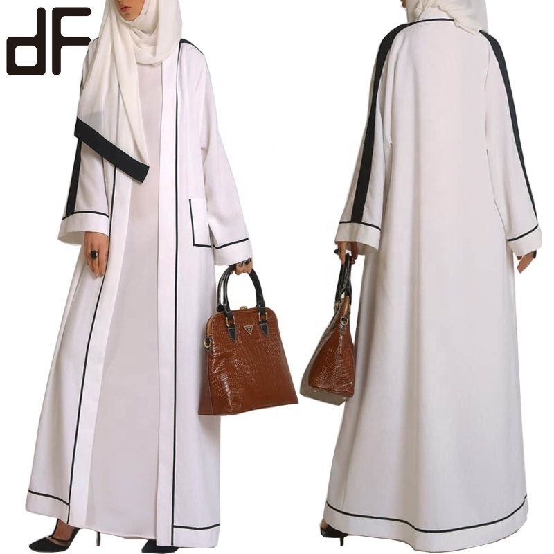 OEM Latest Casual Fashion Designer Qatar  Islam Women Abaya Front Pocket White Linen Robe Ramadan Abaya