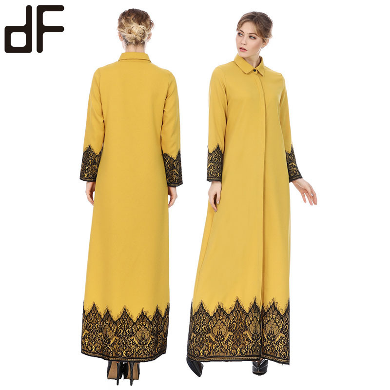 New Style Fashion Embroidery Design Kaftan Dresses Yellow Modern Moroccan Kafatn Abaya Islamic Clothing Wholesale