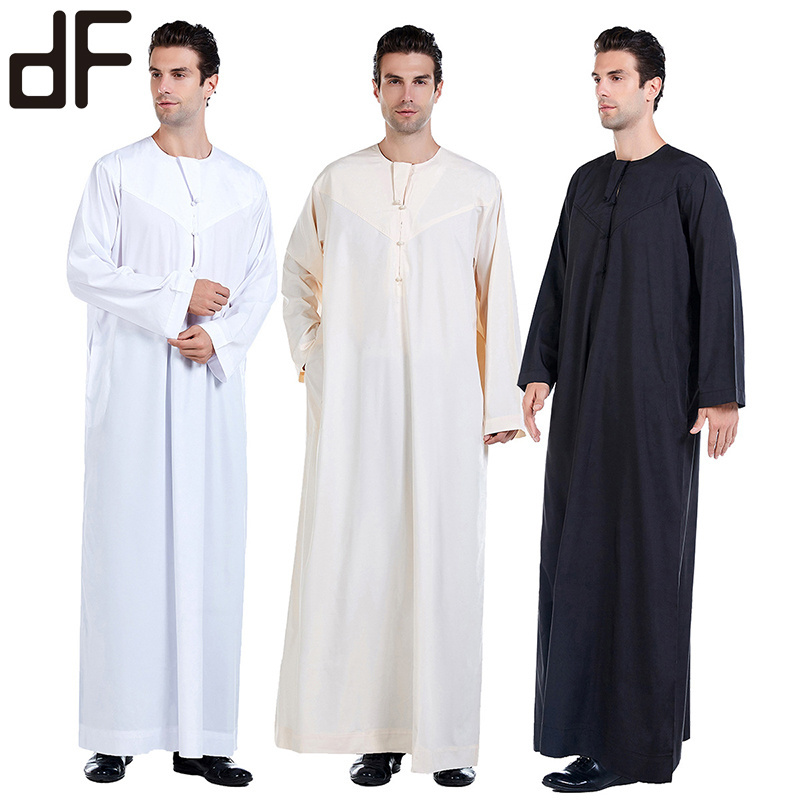 new arrival hot selling islamic man thobes white cotton blend muslim men thobe front button neck long al daffah thobe