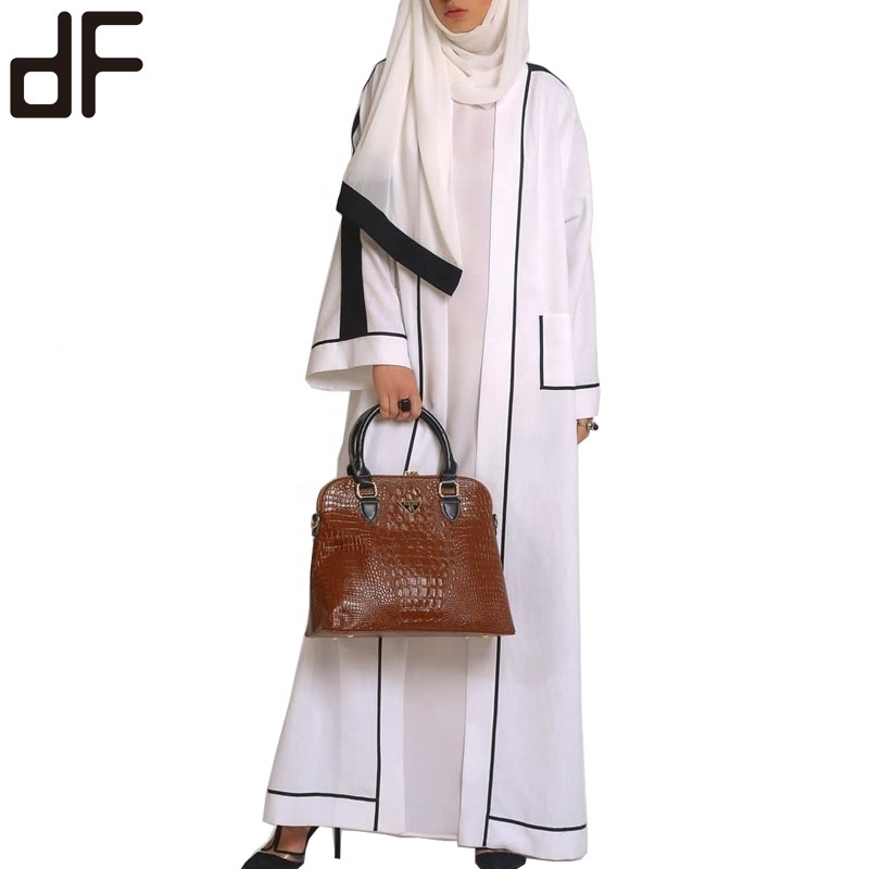 OEM Latest Casual Fashion Designer Qatar  Islam Women Abaya Front Pocket White Linen Robe Ramadan Abaya