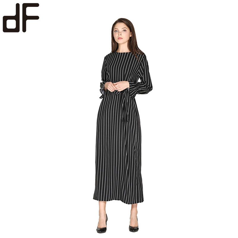 women beautiful office dresses middle eastern fashion woman clothes striped flared sleeve dress round neck maxi dress