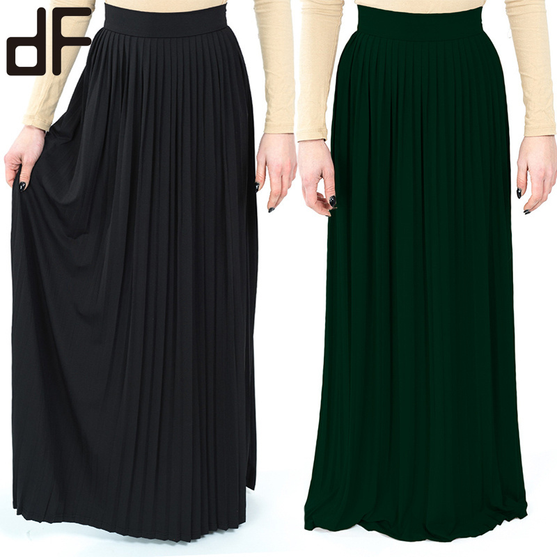 wholesale elegant muslim women long skirts trendy turkish style pleated skirts women long cotton hidden zip distressed skirts