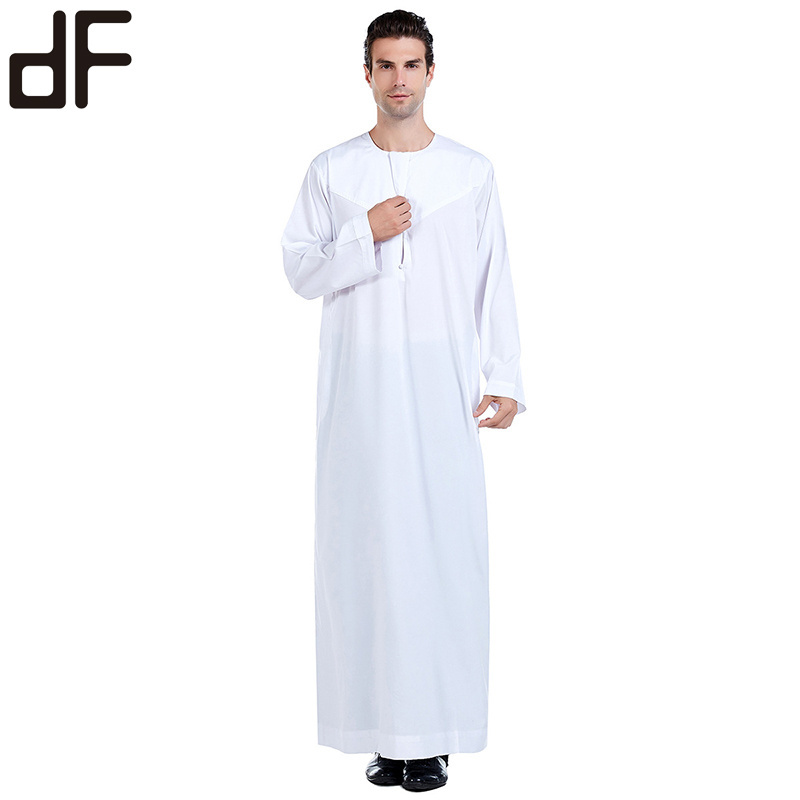 new arrival hot selling islamic man thobes white cotton blend muslim men thobe front button neck long al daffah thobe