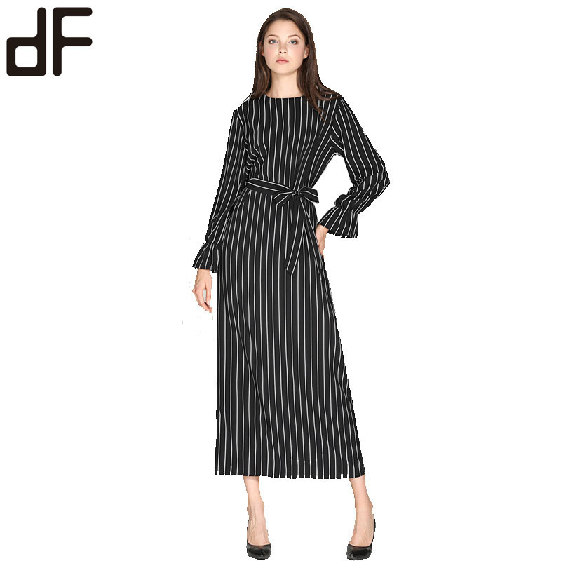 women beautiful office dresses middle eastern fashion woman clothes striped flared sleeve dress round neck maxi dress