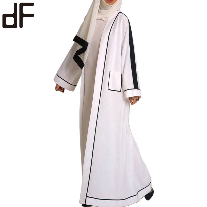 OEM Latest Casual Fashion Designer Qatar  Islam Women Abaya Front Pocket White Linen Robe Ramadan Abaya