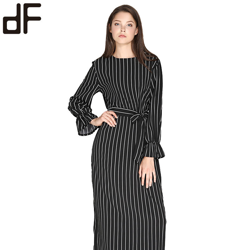 women beautiful office dresses middle eastern fashion woman clothes striped flared sleeve dress round neck maxi dress