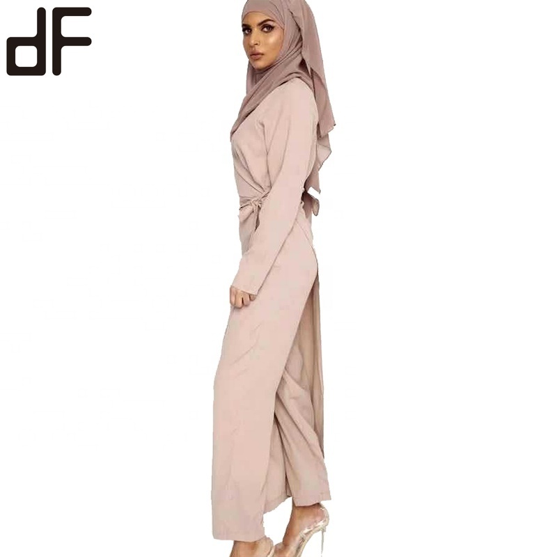 OEM Islamic Soft Wrap Front Long Sleeve Designs With Belt 2 Pieces Simple Casual Muslim Abaya Ladies Dresses Pants Jumpsuits