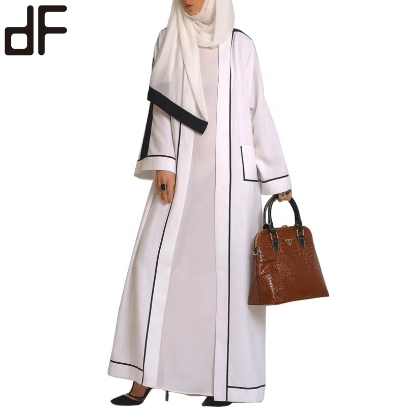 OEM Latest Casual Fashion Designer Qatar  Islam Women Abaya Front Pocket White Linen Robe Ramadan Abaya