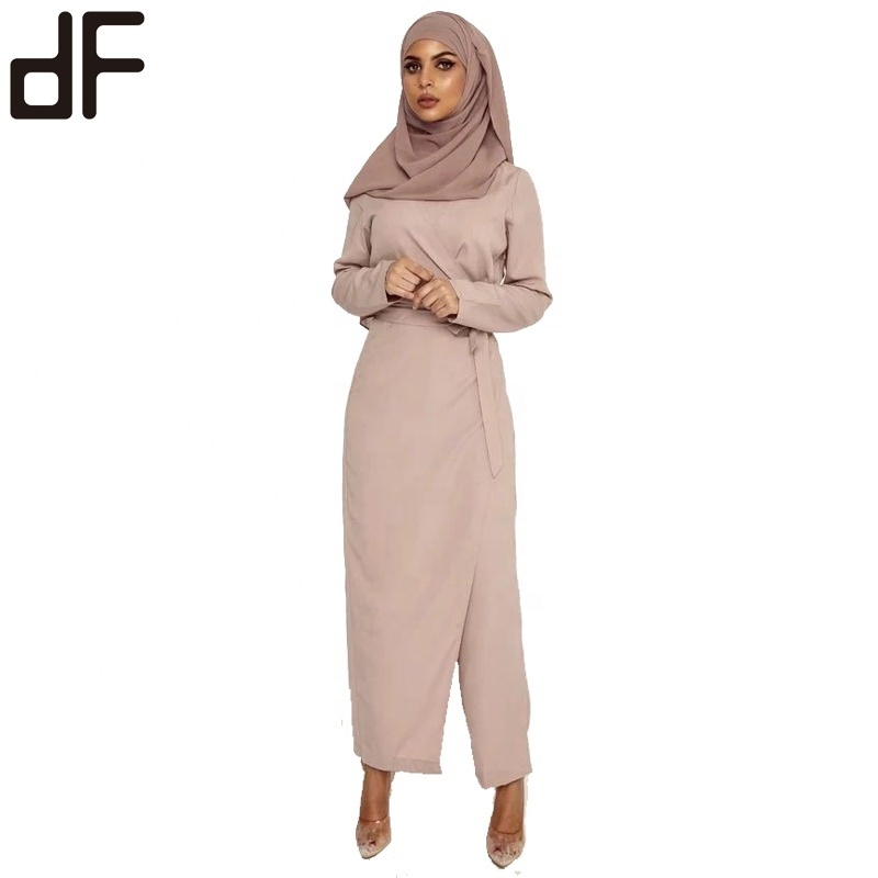 OEM Islamic Soft Wrap Front Long Sleeve Designs With Belt 2 Pieces Simple Casual Muslim Abaya Ladies Dresses Pants Jumpsuits