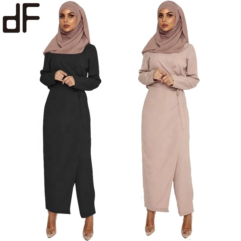 OEM Islamic Soft Wrap Front Long Sleeve Designs With Belt 2 Pieces Simple Casual Muslim Abaya Ladies Dresses Pants Jumpsuits