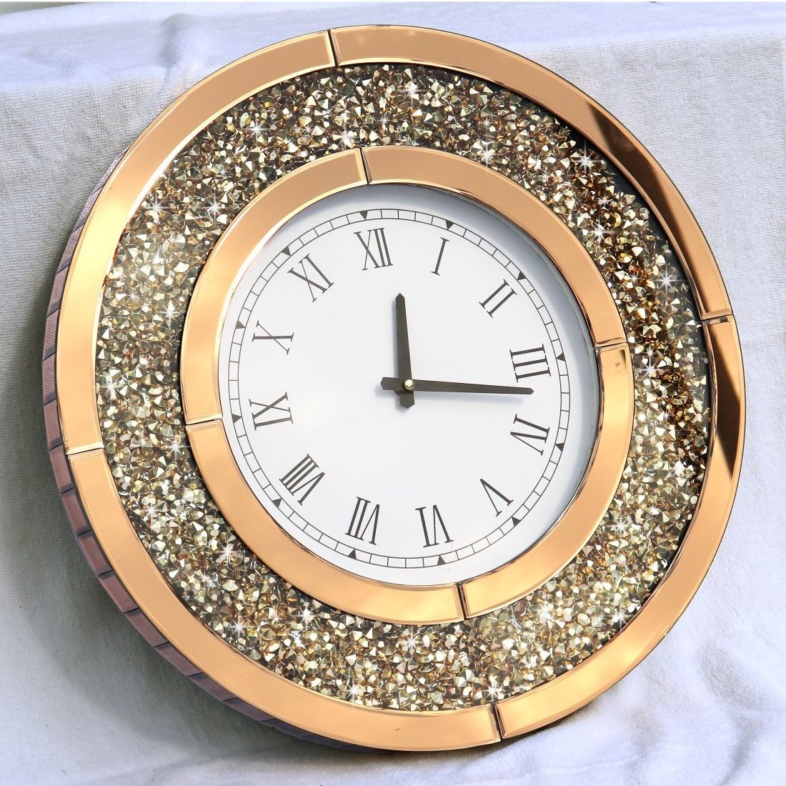 golden champagne diamond mirror clock wall hang round decorative glass clock home decor