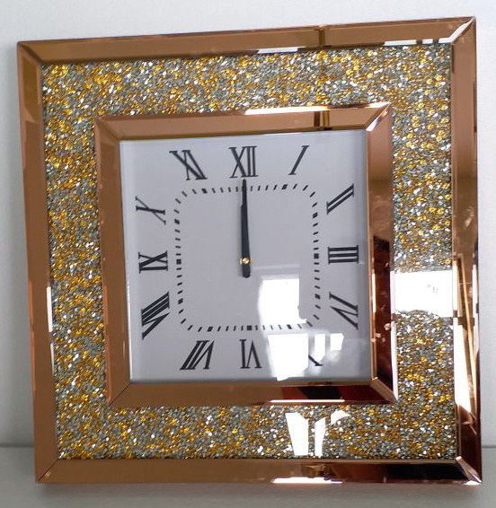 golden champagne diamond mirror clock wall hang round decorative glass clock home decor