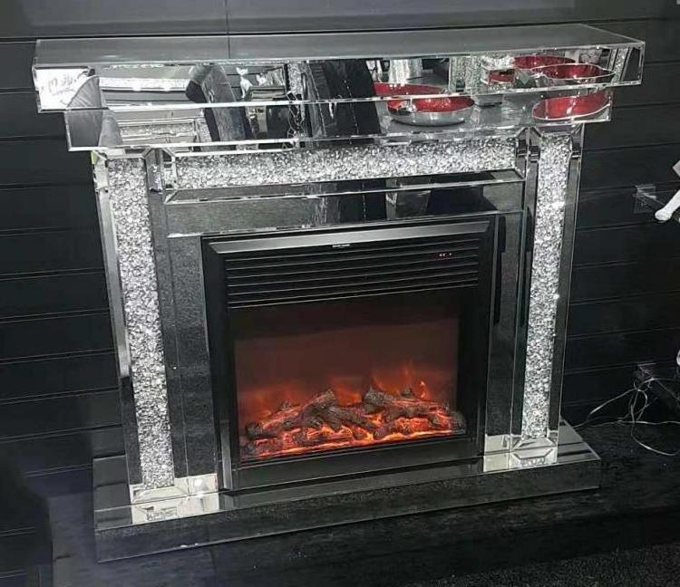 crystal crushed diamond silver mirrored fireplace