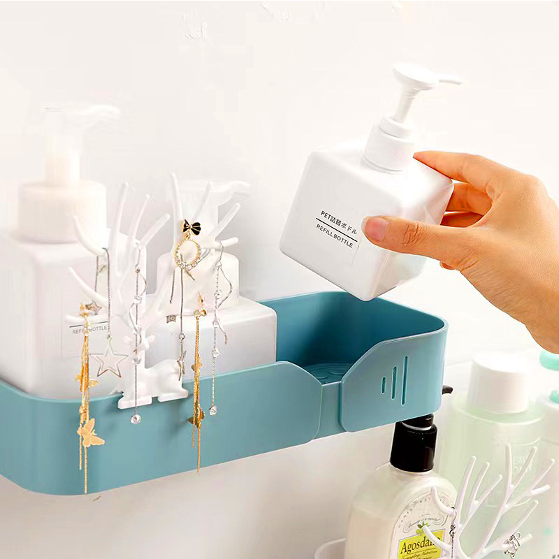 Small Plastic Self Adhesive Bathroom Shower Caddy For Inside Shower Bath Storage Organizer Shampoo Holder With Antler Hook