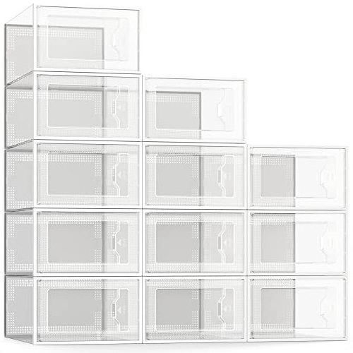 12 Packs Grey, Clear Plastic Stackable Shoe Storage Bins with Drawers & Lids, Under Bed Shoe Storage Containers