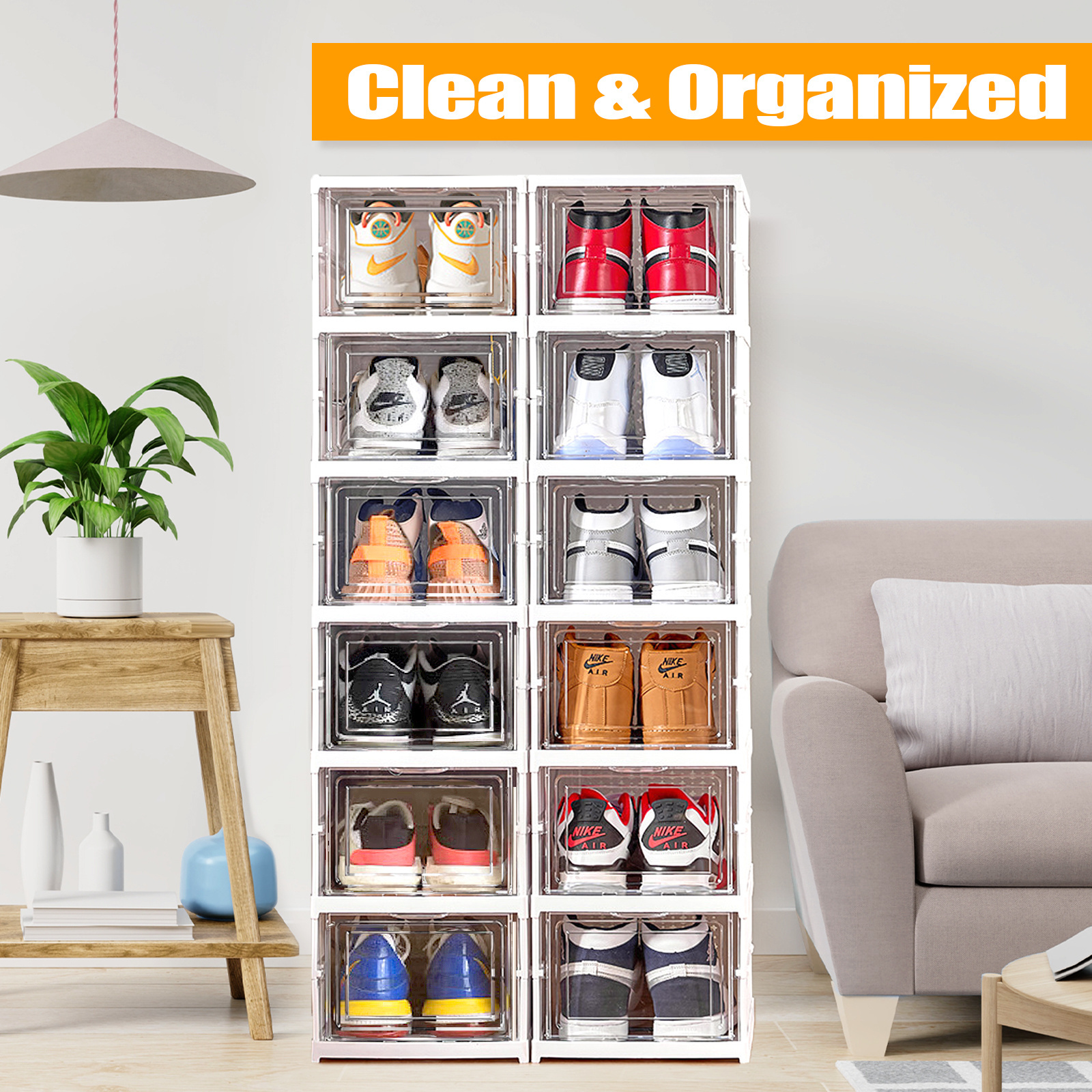 Factory Supply Foldable Boxes Clear Plastic Stackable 8 Pcs Shoe Storage Boxes Shoe Organizer For Closet Shoe