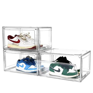 Fashion Plastic Magnetic Side Open Stackable Folding Clear Display Shoe Storage Box For Organizer Basketball Air Jord