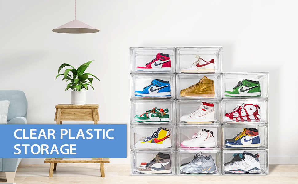 Fashion Plastic Magnetic Side Open Stackable Folding Clear Display Shoe Storage Box For Organizer Basketball Air Jord