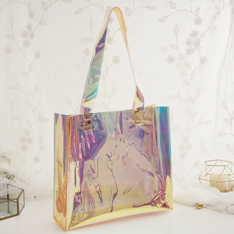 Custom Women Fashion Translucent Plastic Leather Clear pvc handbag Waterproof Transparent Tote Beach Bags Neon Shopping Bag