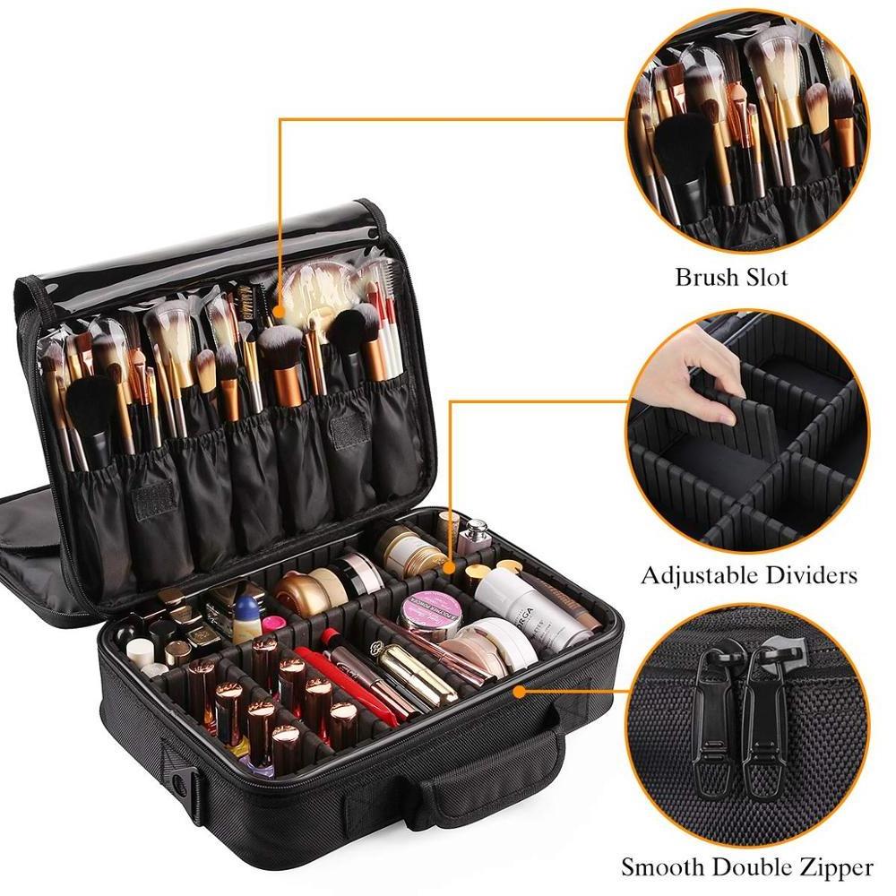 Large Makeup Case 3 Layers Makeup Bag Organizer Waterproof Travel Cosmetic Case Box Portable Train Cases Black Brush Holder 10L