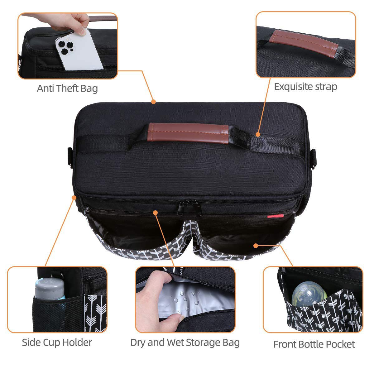 Baby Stroller Organizer with Insulated Cup Holders Diaper Storage Secure Straps Pockets for Phone Compact Design