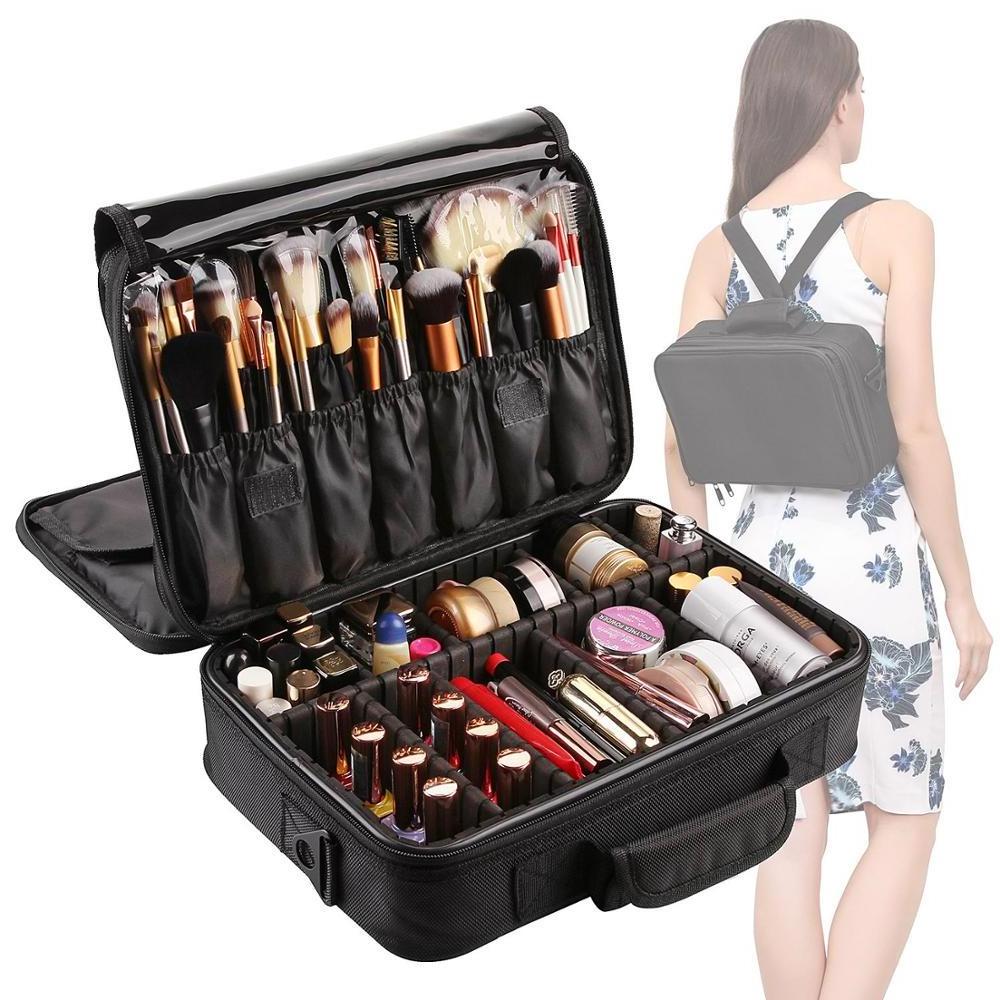 Large Makeup Case 3 Layers Makeup Bag Organizer Waterproof Travel Cosmetic Case Box Portable Train Cases Black Brush Holder 10L