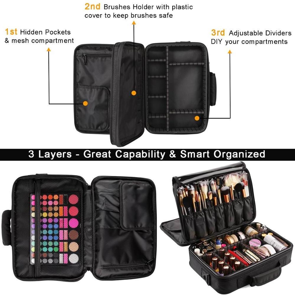 Large Makeup Case 3 Layers Makeup Bag Organizer Waterproof Travel Cosmetic Case Box Portable Train Cases Black Brush Holder 10L