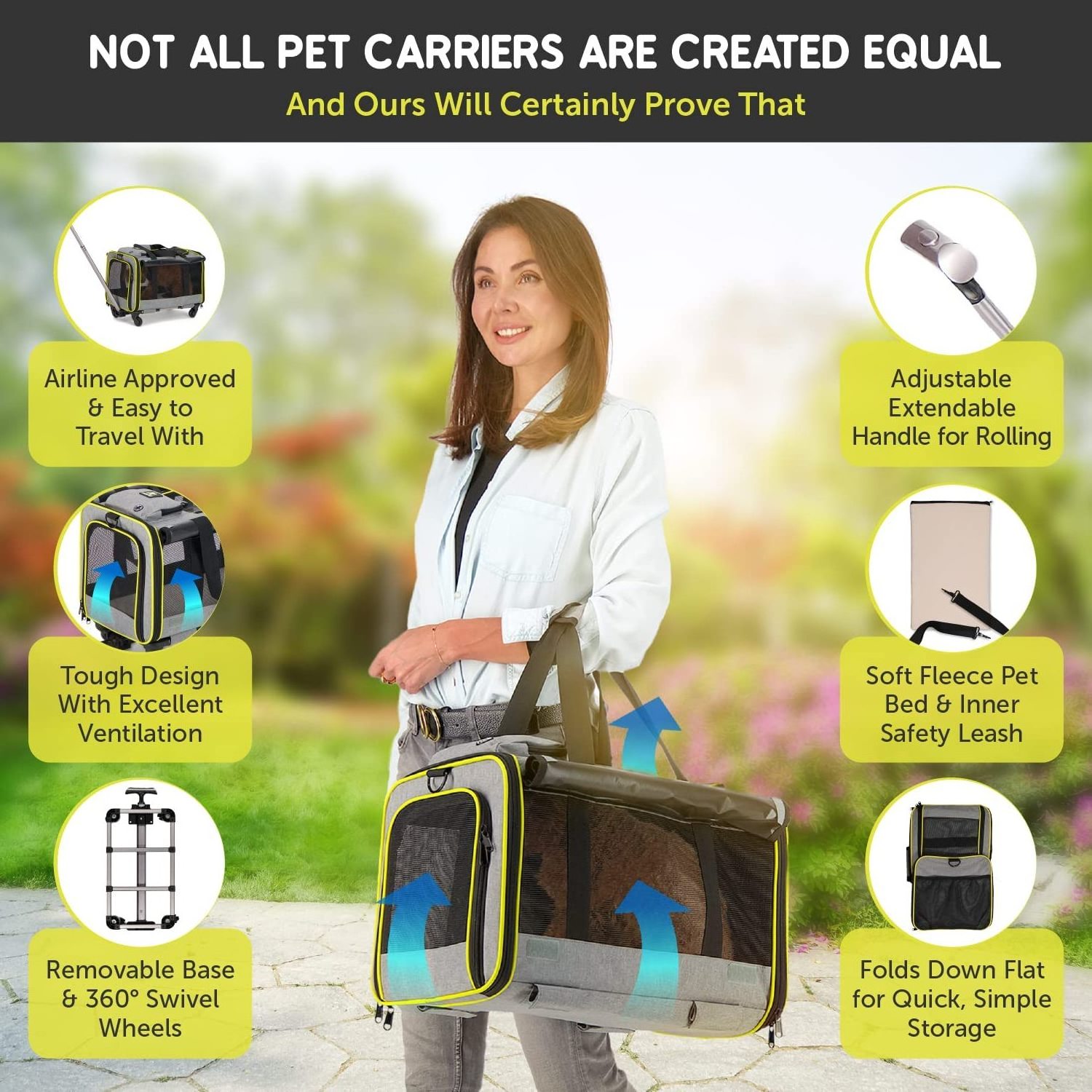 Airline Pet Carrier with Wheels Foldable Breathable Dog&Cat Crates for Travel Lightweight Airline Approved Rolling Pet Carrier