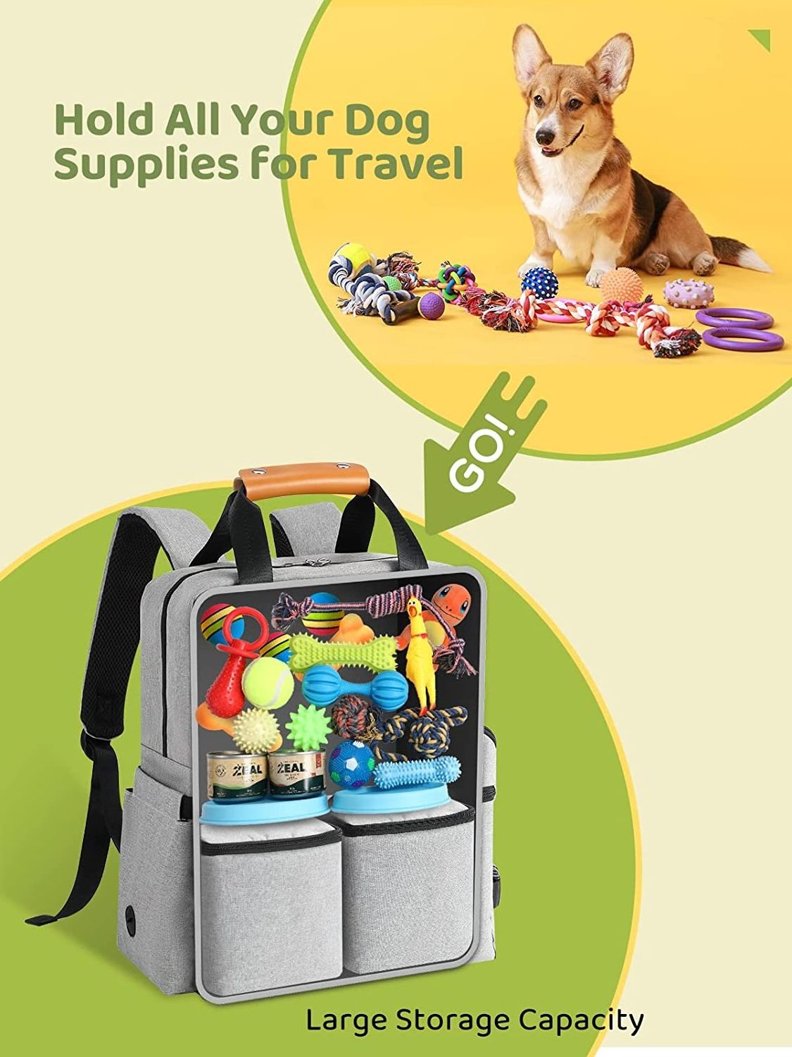 Dog Travel Bag  with Multi-Function Pockets 25L Accessories Set with 2 Food Storage Containers  2 Foldable Bowls for Weekend