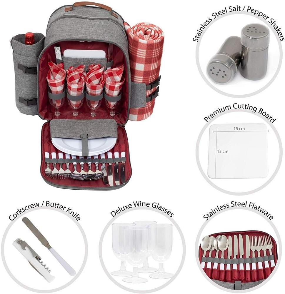 Picnic Backpack for 4 Travel Picnic Food Storage with Blanket, Insulated Cooler Bag for Outdoor Wine Picnic Basket Set