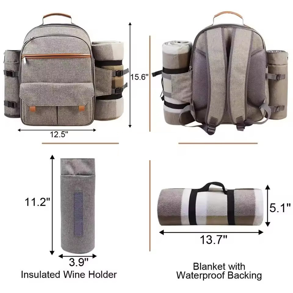 Custom Camping Bag 4 persons Picnic Backpack with Tableware and Wine Bottle Holder