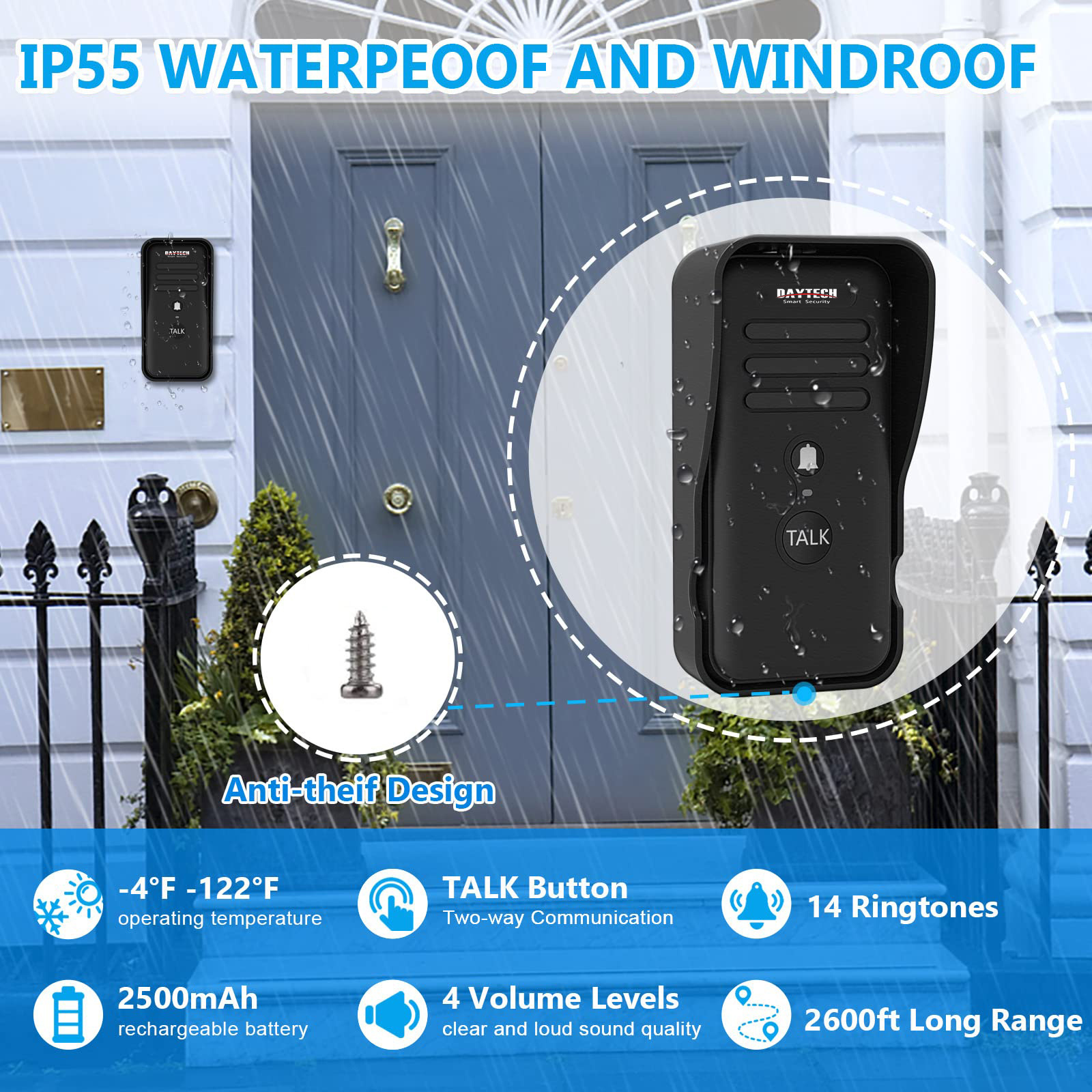 Daytech Wireless Waterproof door bell 14 Chimes 4 Levels Volume Long Range Intercomunicador Wireless Intercom Doorbell for Home