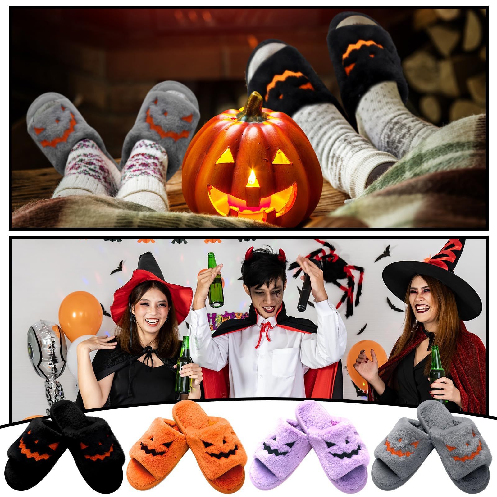 LinkBrand Halloween Plush Slippers Pumpkin Soft Cozy Open Toe Indoor Outdoor Slippers For Women