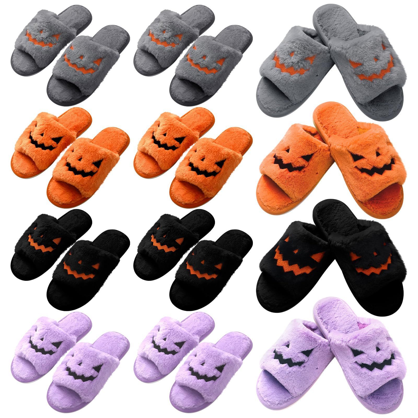 LinkBrand Halloween Plush Slippers Pumpkin Soft Cozy Open Toe Indoor Outdoor Slippers For Women