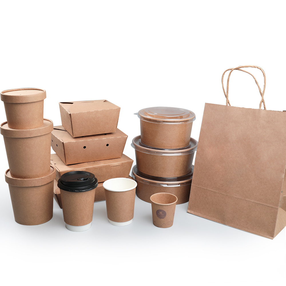 Salad Bowl Take Away Soup Cup Fast Food Packing Containers Kraft Paper with Lid Disposable Food Packaging Craft Paper Customized