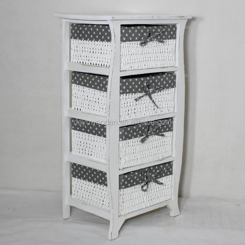 Chest of Drawers Shabby Chic Storage Unit Wicker Baskets Dark Wood Cabinet