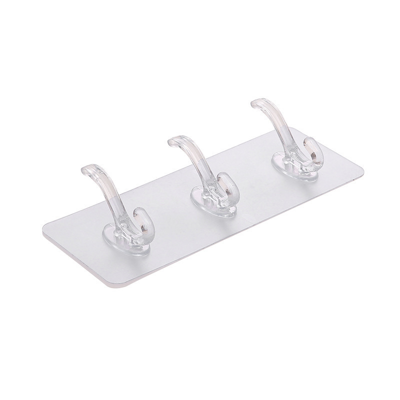 Creative Transparent Row 3 Hooks Wall Mounted No Trace Multi-purpose Plastic Sticky Hooks Behind Door Household