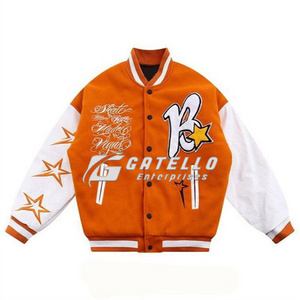 Custom Logo Wool Chenille Embroidery Baseball Letterman Jackets Men Vintage Blank Orange Leather Sleeve Varsity Jacket baseball